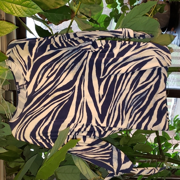 Chaps Tops - Chaps Pullover Blue Cream Print Blouse Tie Sleeves Medium